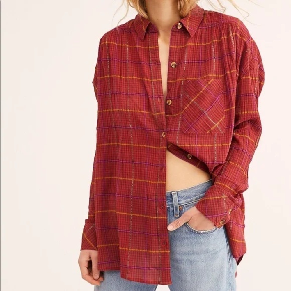 Free People break my stride Red Button-Up medium